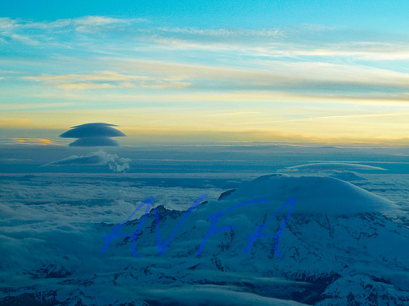 Mt Rainier with standing lenticular clouds